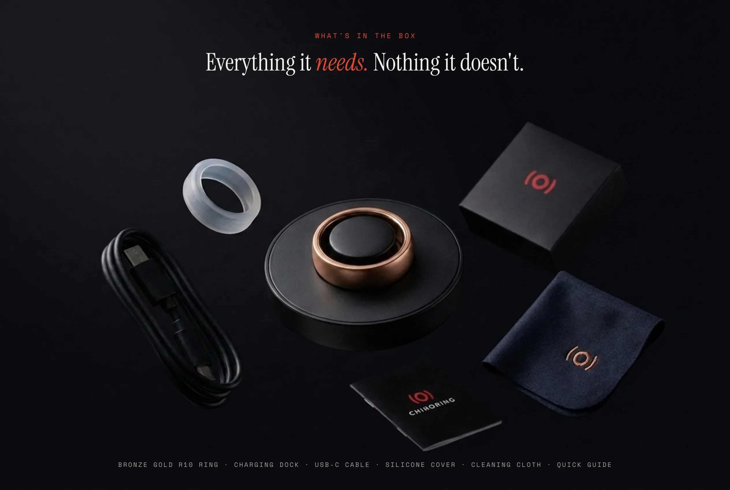Everything in the ChiroRing rose gold box: ring, charging dock, USB-C cable, silicone cover, cleaning cloth, quick guide